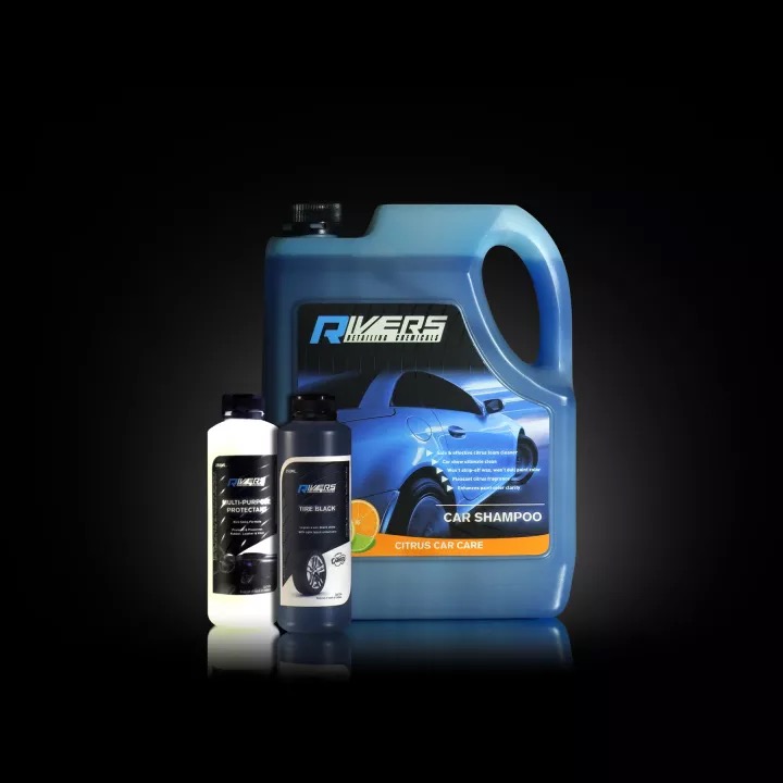 Rivers Car Shampoo 1 gal (4 liters), Tire Black 250 ml. & Protectant 250 ml.
